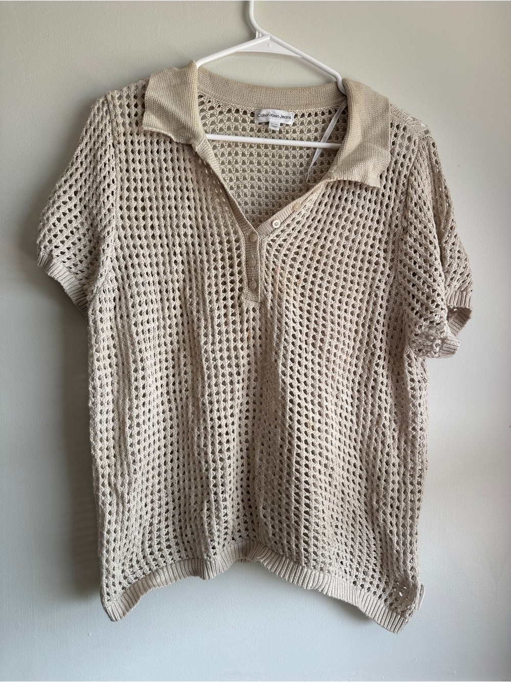 Calvin Klein Jeans Beige Open Knit Crochet Polo Top XL